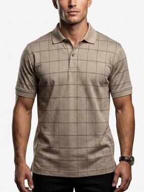 ARROW USA 1851 Tan Windowpane Grid Cotton Knit Polo Shirt Sz Large
